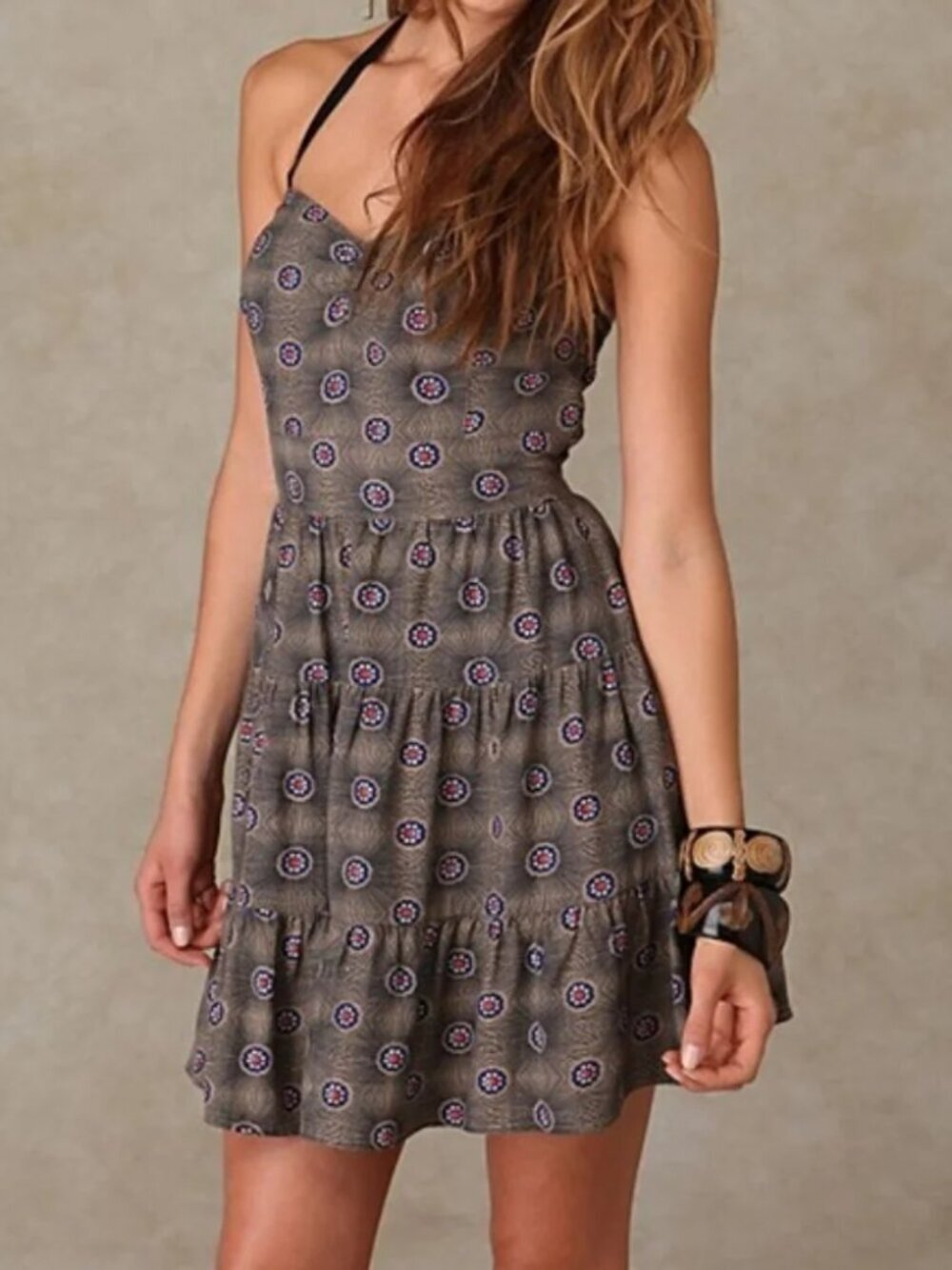 Free People Mosaic Floral Halter Dress Tiered Skater Sweetheart Womens 0